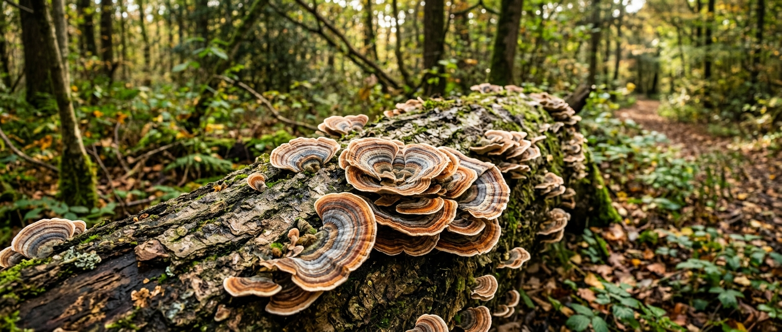 Champignon Queue de Dinde poussant sur un tronc d'arbre en forêt, cercles concentriques colorés bien visibles, lumière naturelle et boisée, 16:9